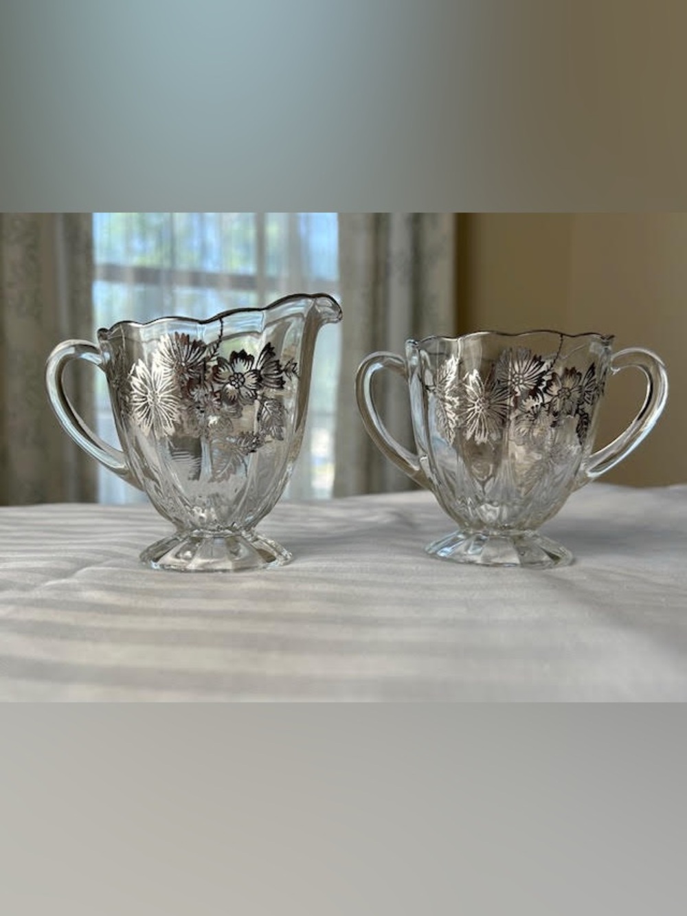 Silver City Glass Creamer Sugar Set Sterling Overlay Floral Flanders